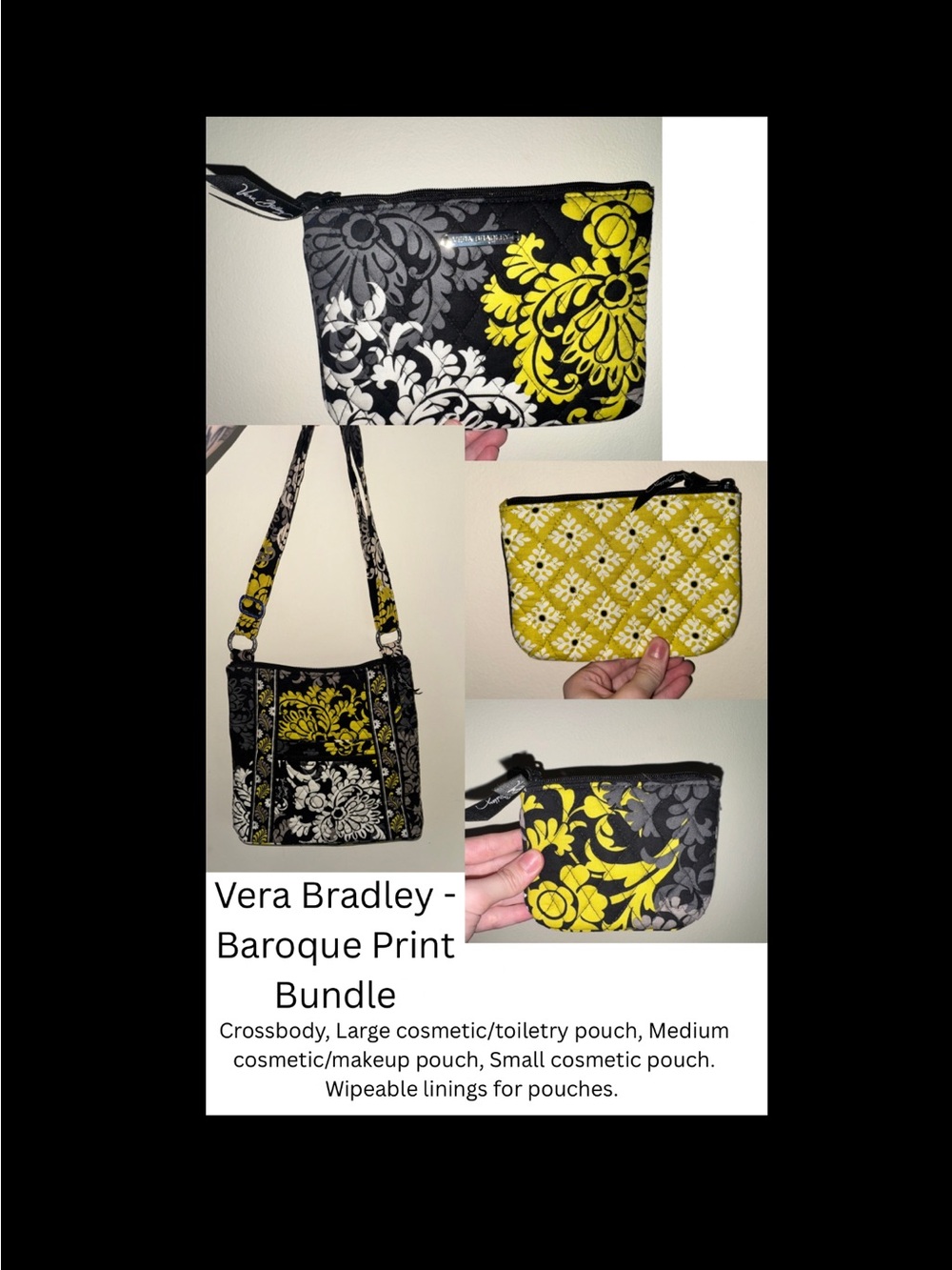 Vera Bradley Black & Yellow Baroque Print Crossbody Bag and Pouch Set